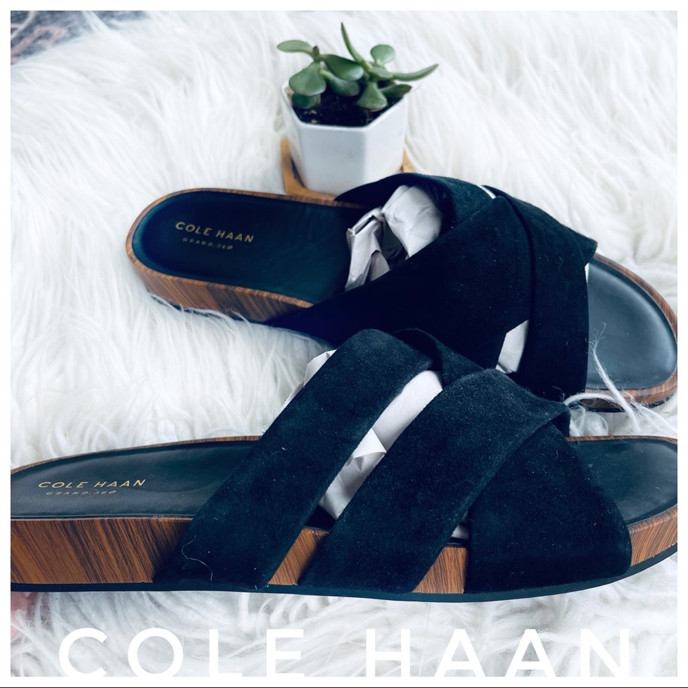 COLE HAAN leather suede flat slide sandal black 10
